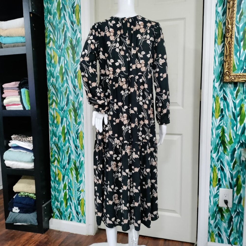 Porter Grey Long Sleeve Pleated Floral Whimsy Prairie Midi Sundress Black/Pink M - Picture 3 of 11